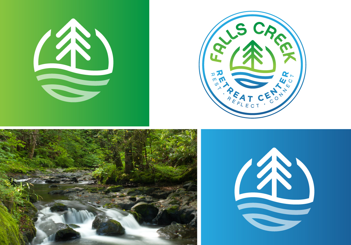 Branding collage for Falls Creek Retreat Center, showing the green and blue logo alongside a photo of a natural stream and forest, demonstrating brand application.