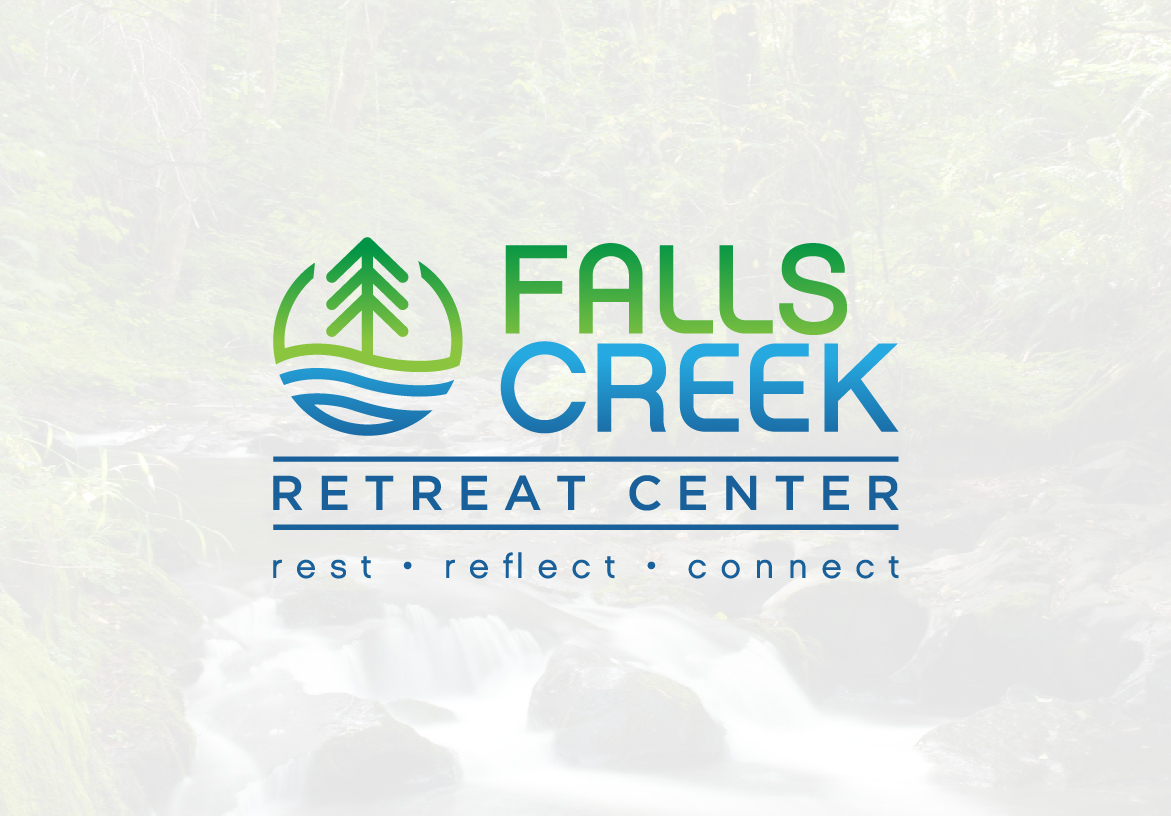 Falls Creek Retreat Center logo design, including the full name and tagline 'rest reflect connect' in typography below the tree and river icon, on a white background.