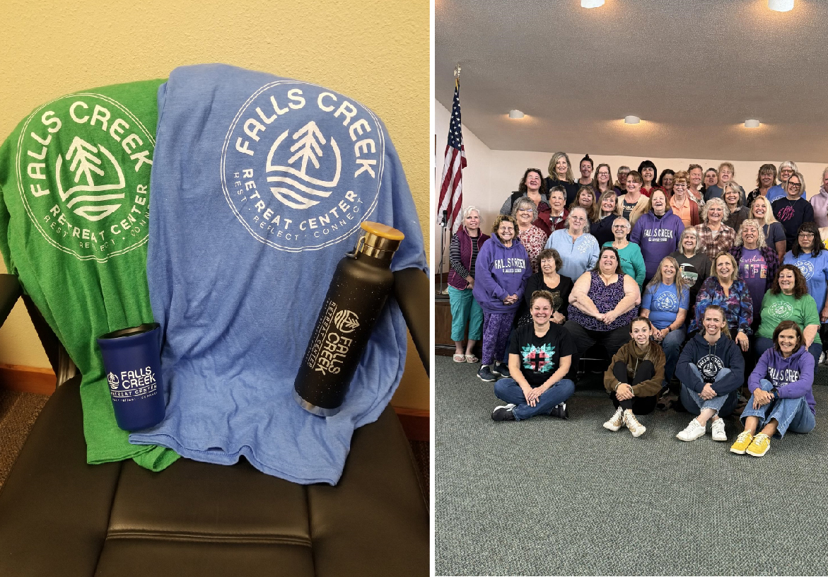 Smiling staff and volunteers at Falls Creek Retreat Center wearing branded blue t-shirts while preparing for an event.