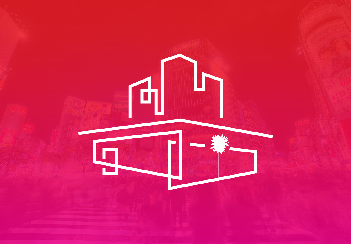 White line-art logo for Living Ltd - Security First 2013, overlaid on a vibrant pink gradient background representing safe and modern housing for women in Tokyo