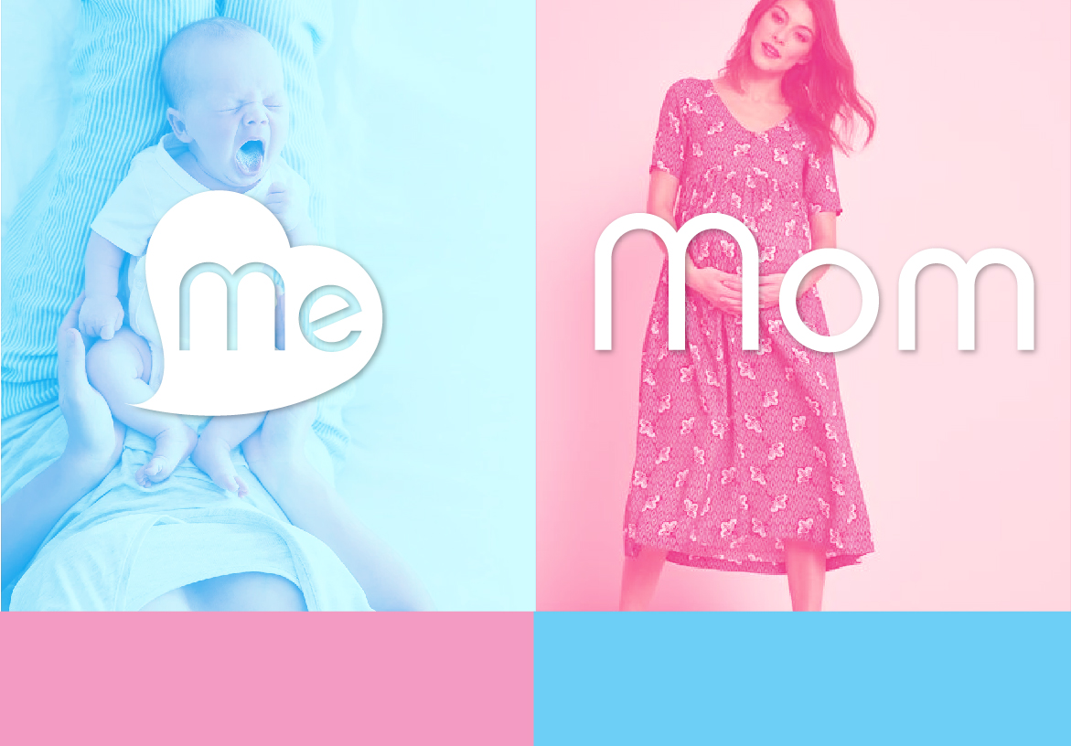 Brand identity collage for Me Mom showcasing pastel pink and blue color blocking, featuring a baby alongside a stylish pregnant woman in a floral dress.