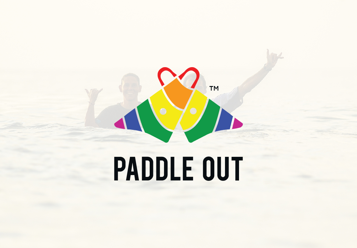 Symmetrical Paddle Out logo design on a white background, creating a heart shape from two rainbow surfboard fins.
