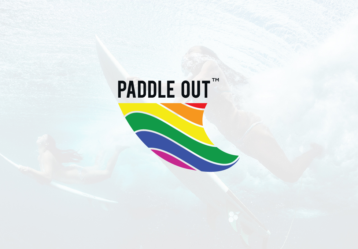 Clean and modern logo design for Paddle Out lifestyle clothing, highlighting the colorful shark fin icon against a light background.