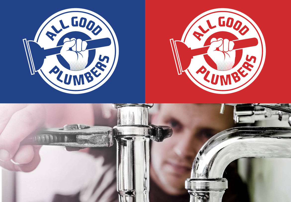 Brand identity showcase for All Good Plumbers, displaying the logo variations alongside an image of expert staff performing emergency pipe repairs.