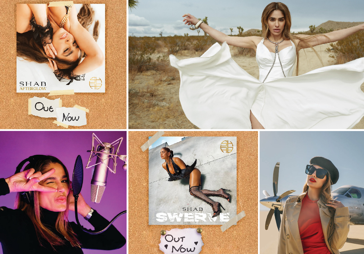 Behind-the-scenes look at SHAB's recording studio sessions and the cover art for her album 'Infinite Love', featuring the custom geometric gold monogram logo.