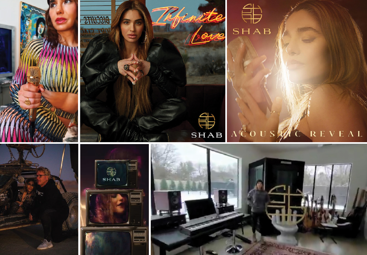 Collage of pop artist SHAB performing live on stage, posing by a private jet, and wearing branded merchandise, showcasing her star power and visual identity.