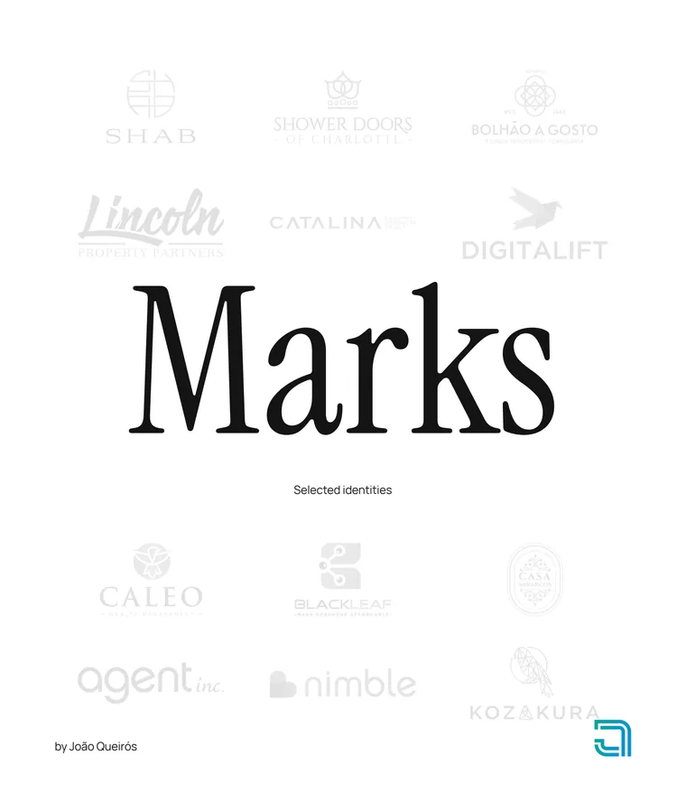 The cover of Marks by João Queirós: the title surrounded by twelve logos in light grey